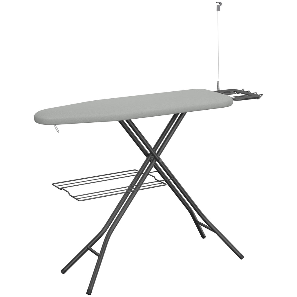 Full-Size Foldable Ironing Board Height-Adjustable – Heavy-Duty Steel Legs, 4-Layer Padding, Iron Rest, Cord Holder & Storage Rack for Laundry Room, Living Room & Dorm | Beige & Gray