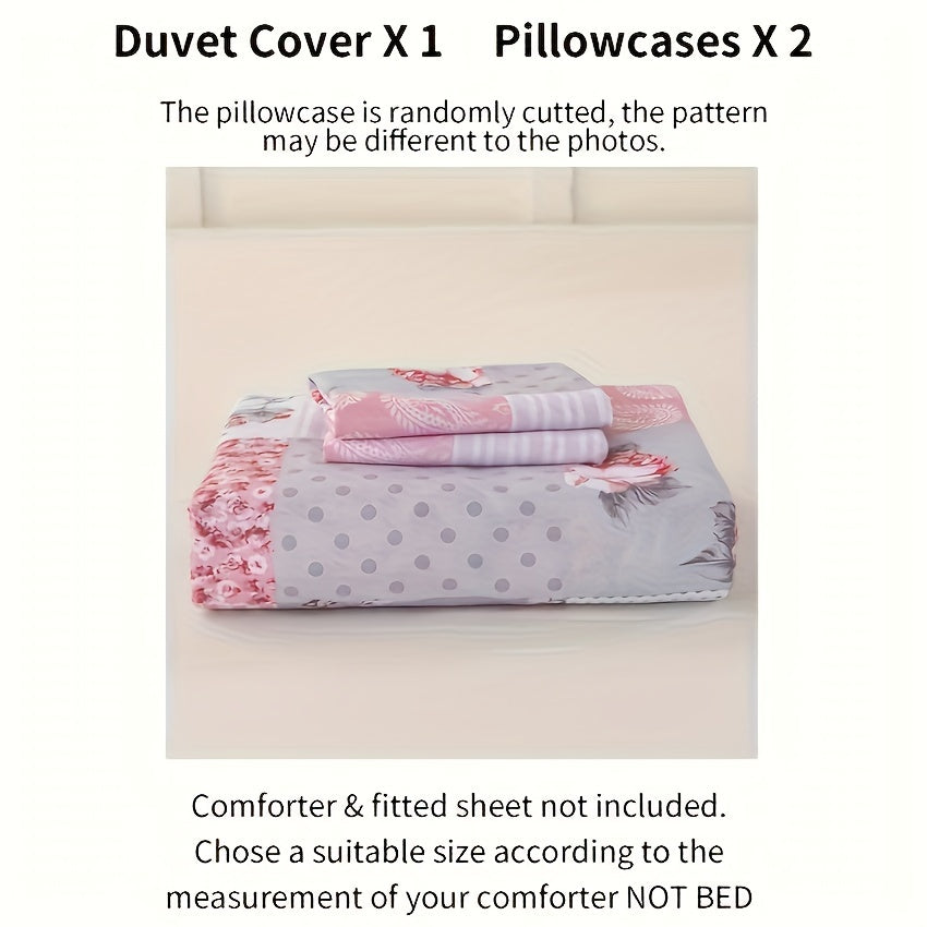 Floral Print Duvet Cover Set 3pcs – Soft Breathable Splicing Floral Light Pink, Zip Closure, Machine Washable, 1 Duvet Cover + 2 Pillowcases, Twin to King, All-Season Bedding