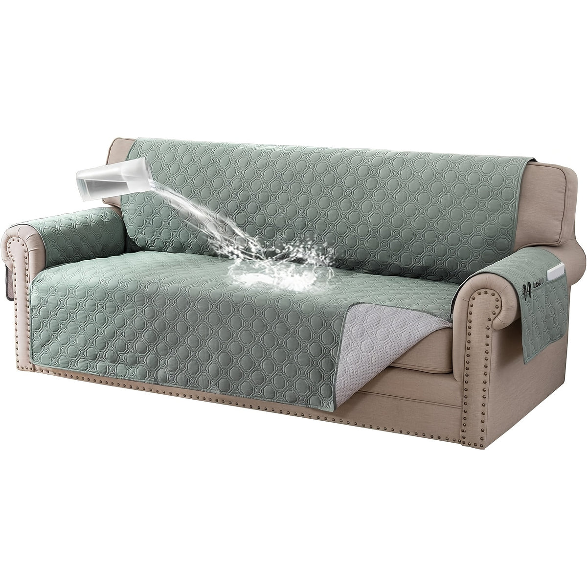 Liquid-Resistant Sofa Cover with Pocket, Geometric Pattern Couch Slipcover Furniture Protector for Pets, Washable Thick Soft 1 2 3 4 Seat Sizes Chair Loveseat Sofa