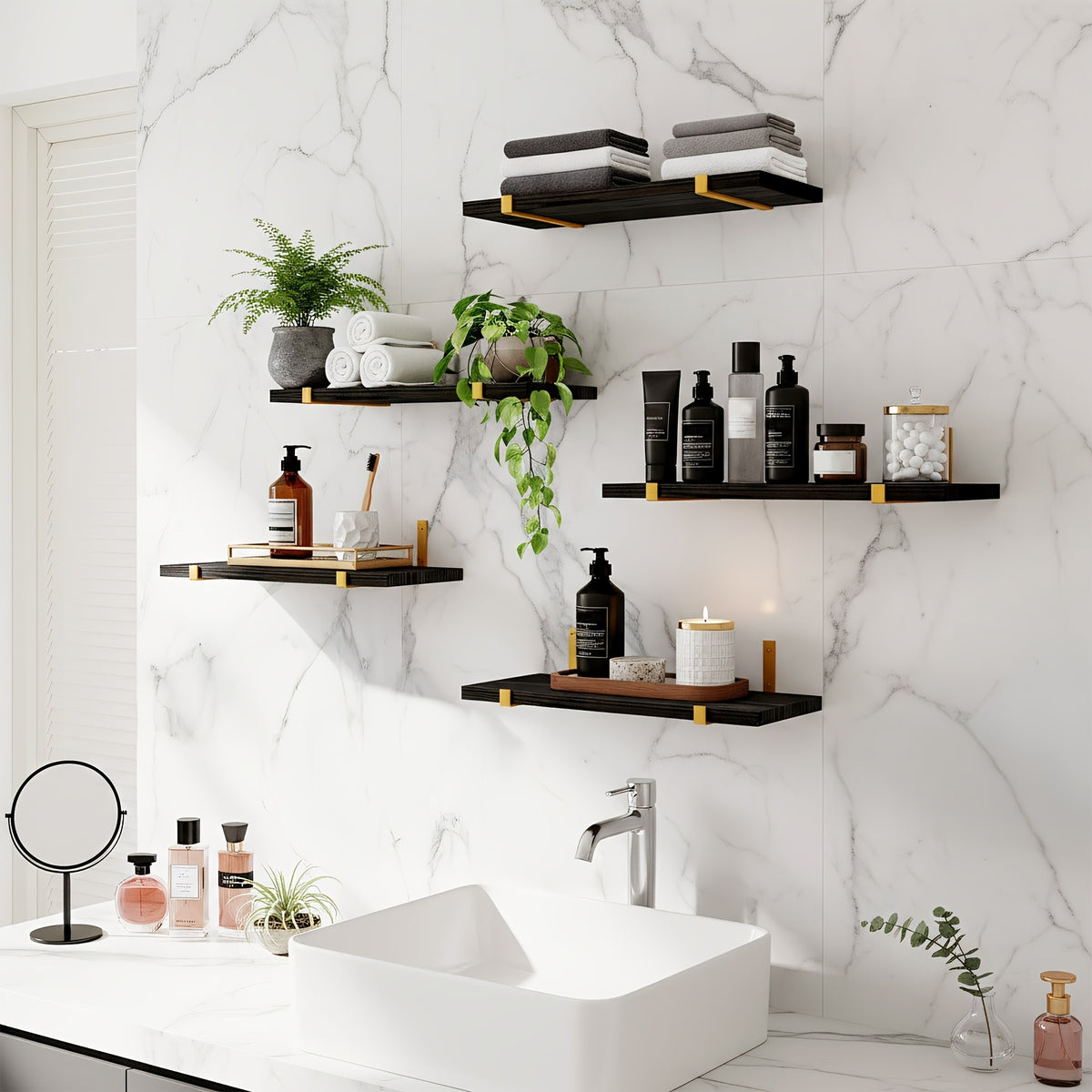 Rustic Floating Shelves Set of 5 Wood Wall Shelves 15.8x4.7 Inch for Bedroom Living Room Kitchen Bathroom Office Plant Display Home Decor Dark Brown Light Brown Black Gold