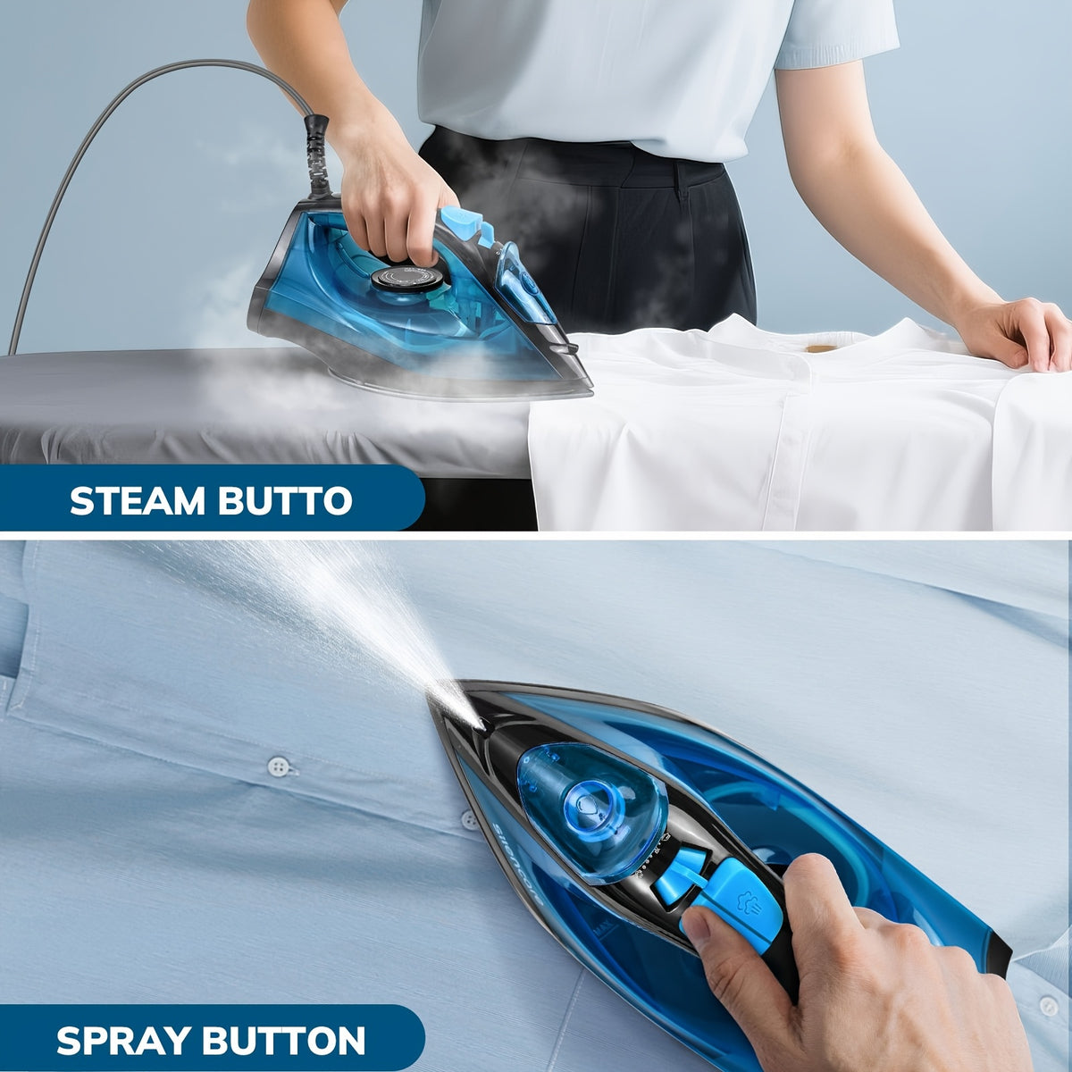 Clothes Steamer Handheld Garment Steamer Non-Stick Plate High Pressure Anti-Calc Fast Heating Adjustable Temperature Dry Wet Travel Essential Blue