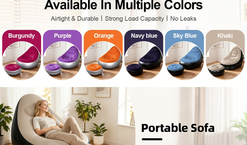 Inflatable Lounge Chair Recliner with Footrest & Foot Pump – Portable Air Sofa Couch for Living Room, Camping, Travel & Balcony, Space-Saving Indoor Outdoor Lounger (6 Colors)