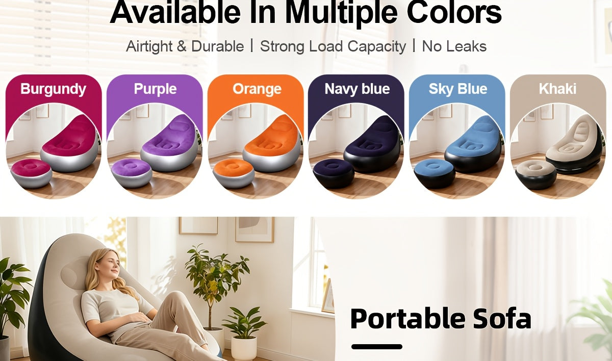 Inflatable Lounge Chair Recliner with Footrest & Foot Pump – Portable Air Sofa Couch for Living Room, Camping, Travel & Balcony, Space-Saving Indoor Outdoor Lounger (6 Colors)