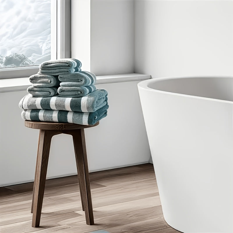 8-Piece Hotel-Quality Striped Bath Towel Set – Lint-Free Super Absorbent Two-Color Towels | 2 Large Bath Towels, 2 Medium Bath Towels & 4 Washcloths