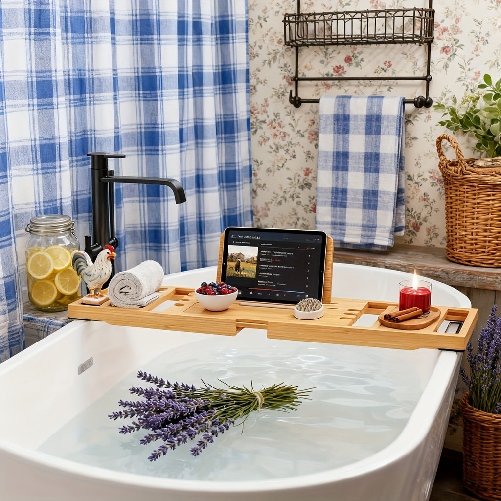 Bamboo Bathtub Caddy Tray Adjustable 27.6–35.4 Inch with Multi-Slot Organizer & Device Holder, Retractable Bath Shelf for Phone, Tablet, Book, Wine & Toiletries — Spa Bath Accessory, Wood Color