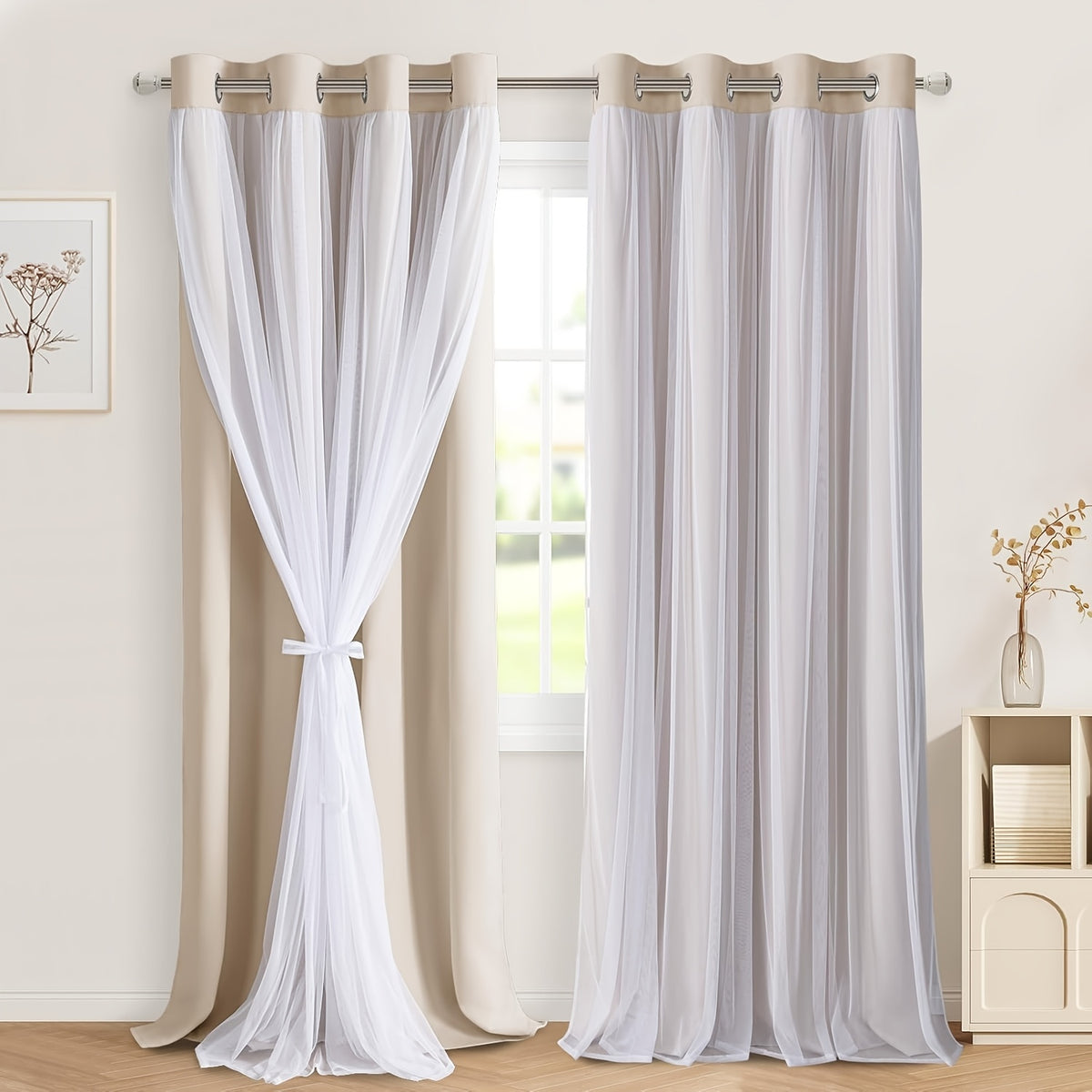 Double Layer Blackout Curtains with Sheer Overlay 2 Panels - Grommet Top Thermal Insulated Mix & Match Window Drapes with Tiebacks for Bedroom Living Room, All Season