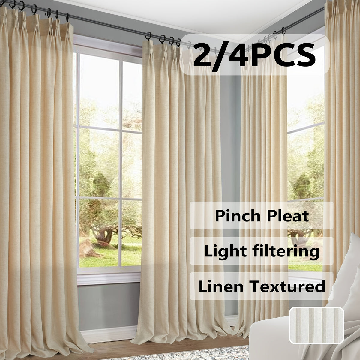 Pinch Pleated Textured Semi-Sheer Curtains – Farmhouse & Modern Rustic, Back Tab | Living Room & Bedroom | 2 Colors, 12 Sizes | Packs of 2 & 4 | Nuvia Haven