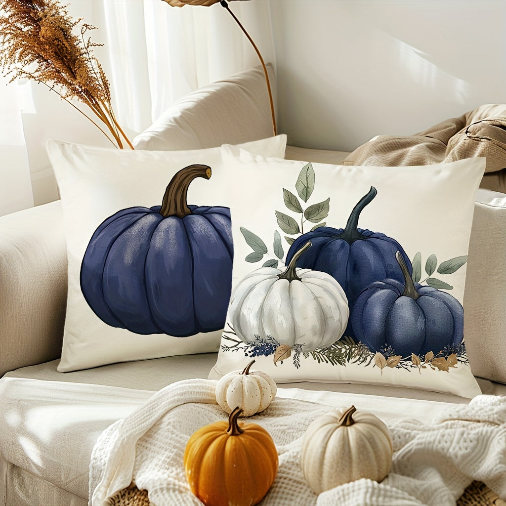 Fall Blue Pumpkin Throw Pillow Covers, Set of 4 – 18x18 Inch Rustic Farmhouse Autumn Cushion Cases for Sofa, Couch & Porch