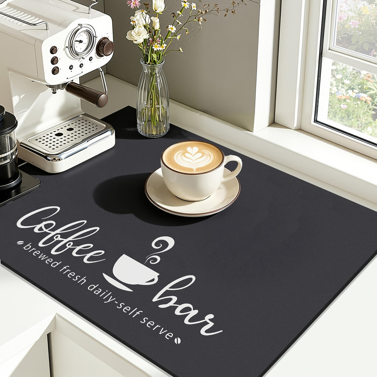 Coffee Bar Mat and Dish Drying Mat - Non-Slip Diatomite Absorbent Kitchen Counter Mat with Coffee Theme Design - Multi-Size Coffee Machine Mat and Kitchen Countertop Accessory