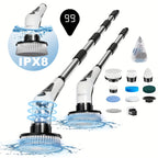 PRASKY Electric Spin Scrubber IPX8 Waterproof with LED Display – 9 Brush Heads, Adjustable 10–54" Handle, 2 Speeds, 90-Min Cordless Power Scrubber for Bathroom, Shower, Tile & Floor