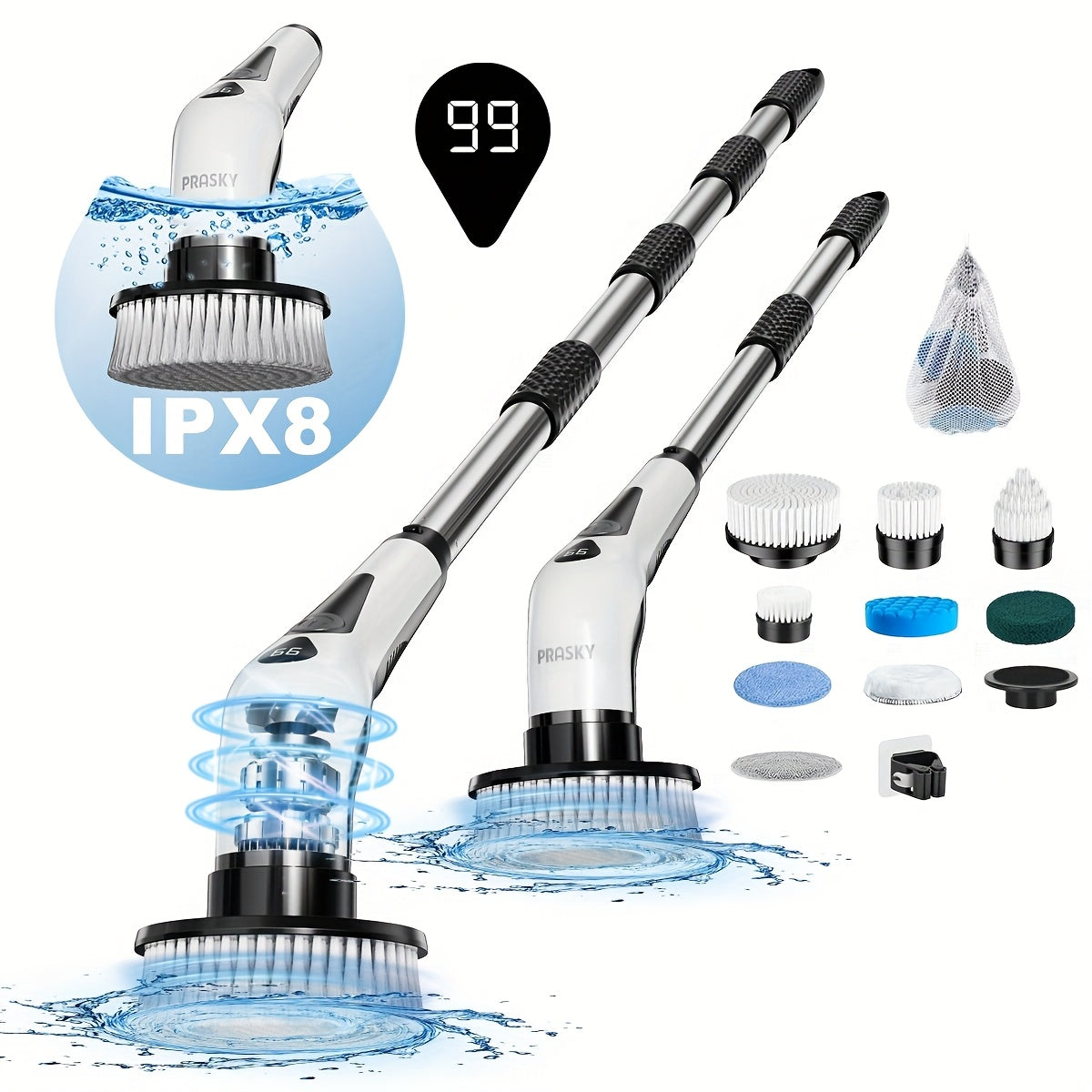 PRASKY Electric Spin Scrubber IPX8 Waterproof with LED Display – 9 Brush Heads, Adjustable 10–54" Handle, 2 Speeds, 90-Min Cordless Power Scrubber for Bathroom, Shower, Tile & Floor