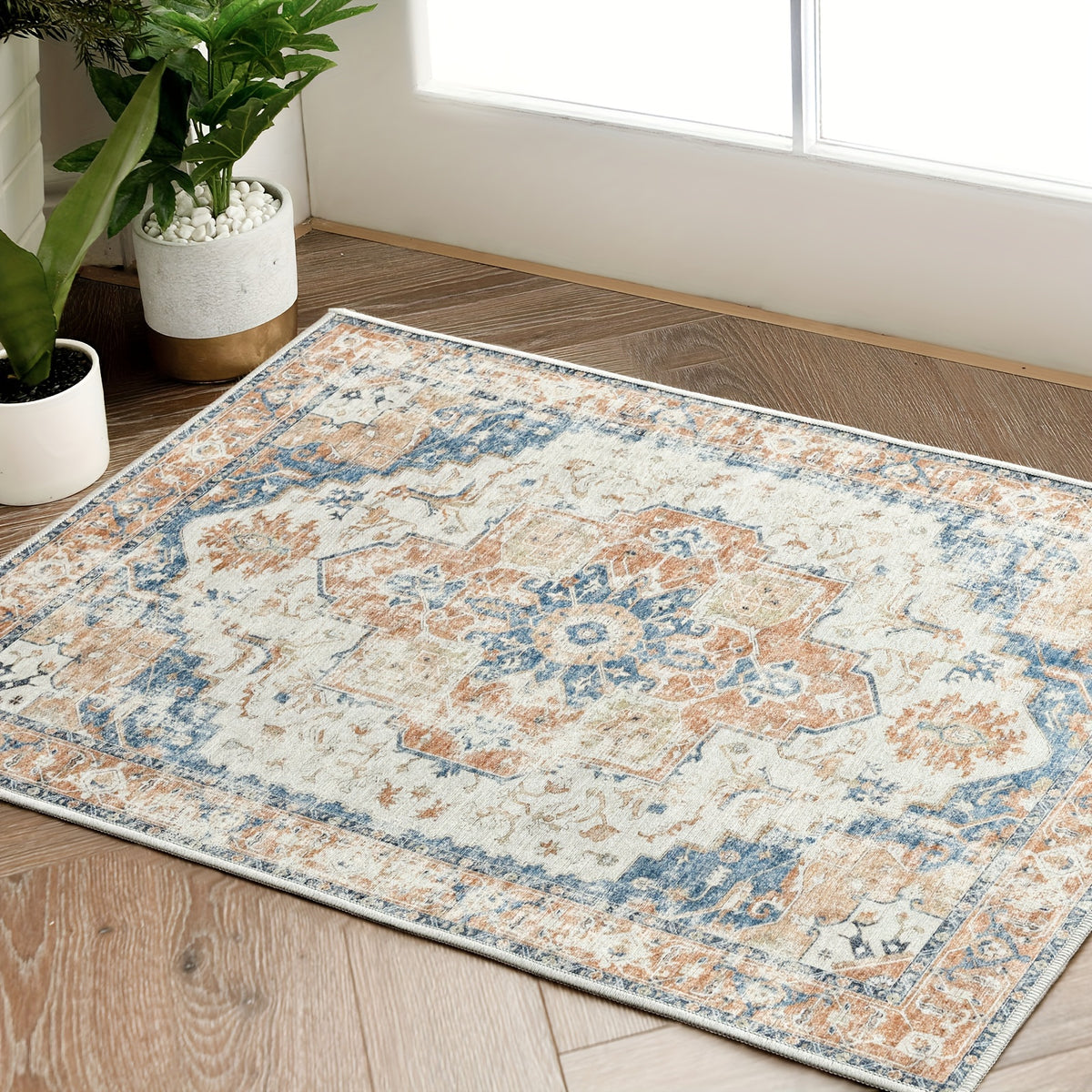 Washable Vintage Area Rug - Chenille Retro Distressed Multi-Print Foldable Lightweight Accent Rug for Entryway Bathroom Kitchen Living Room and Bedroom