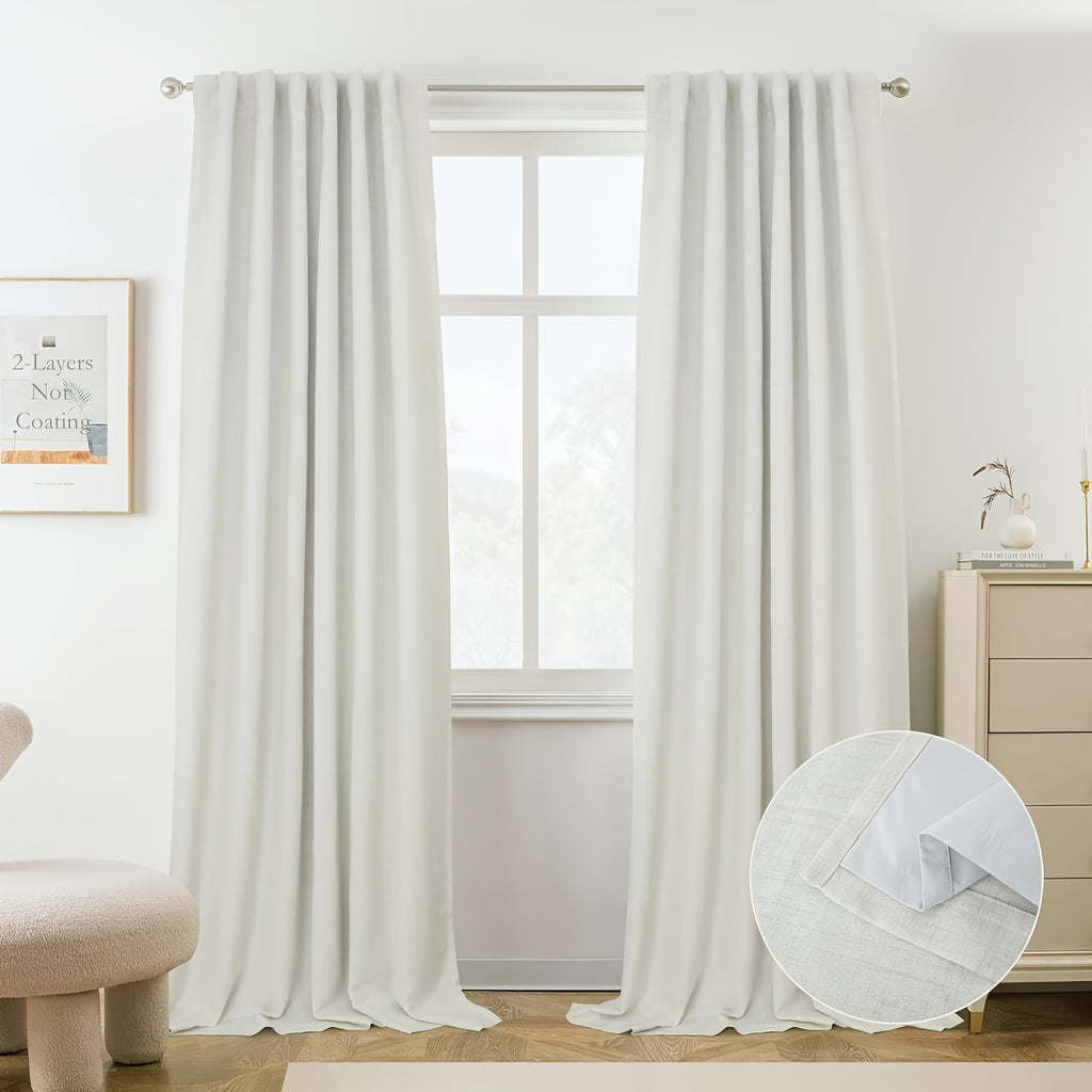 Linen Blackout Curtains 2 Panels – 100% Light Blocking Farmhouse Thermal Insulated Drapes, Rod Pocket Back Tab Ring Clips, Machine Washable, Living Room Bedroom, 9 Colors Multiple Sizes