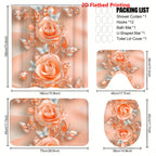 Flower Shower Curtain Set 4pcs – Abstract Floral Bathroom Curtain with 12 Hooks, Bath Mat, U-Shape Mat & Toilet Seat Cover, Modern Bathroom Decor