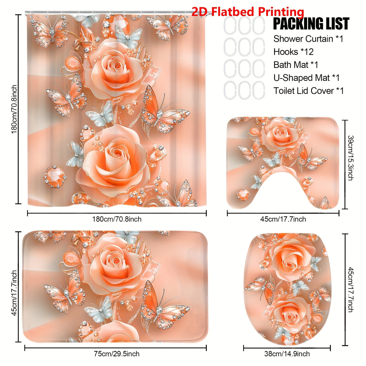 Flower Shower Curtain Set 4pcs – Abstract Floral Bathroom Curtain with 12 Hooks, Bath Mat, U-Shape Mat & Toilet Seat Cover, Modern Bathroom Decor