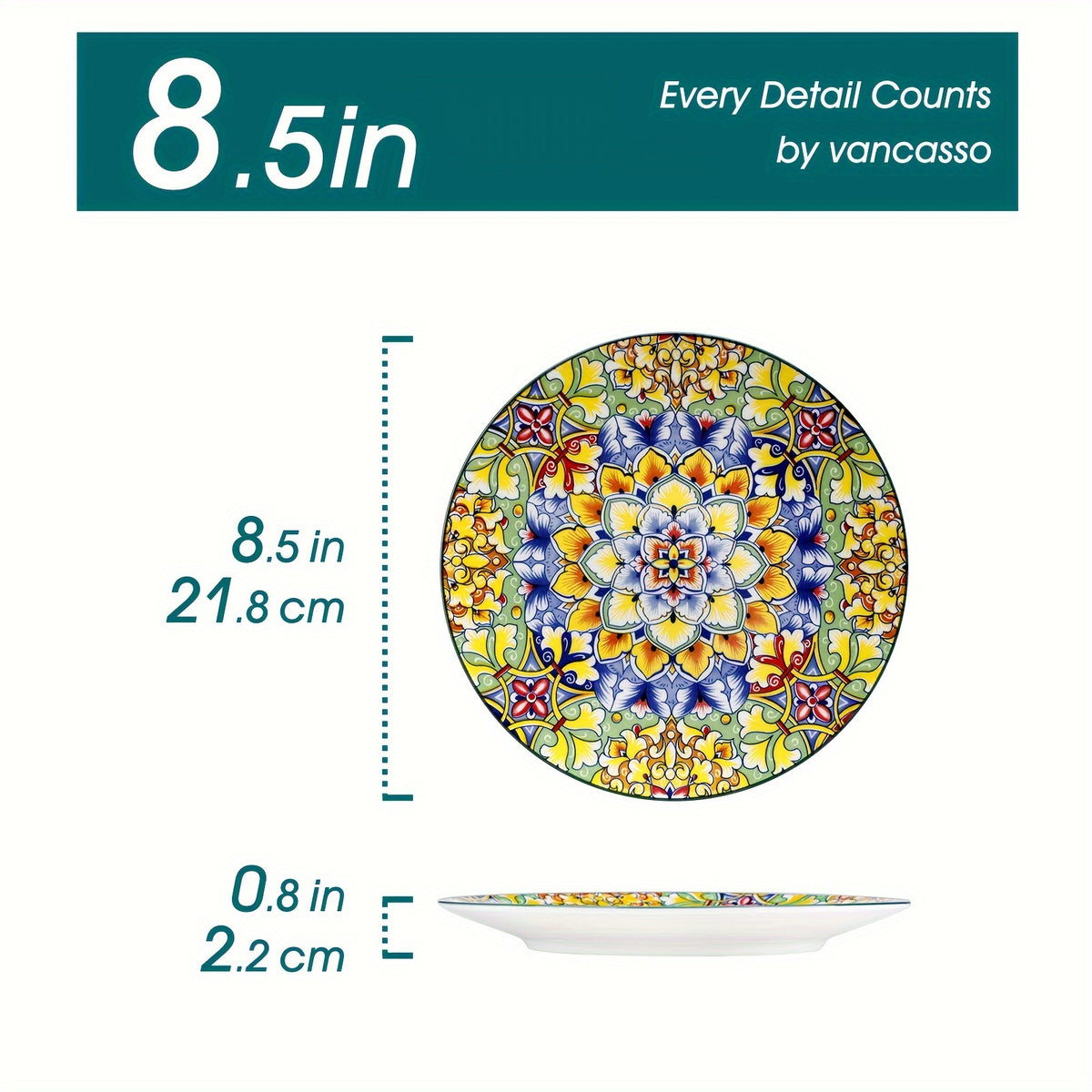 Bohemian Ceramic Salad Plates Set of 6 – 8.5 Inch Colorful Dessert Plate Set, Microwave Oven & Dishwasher Safe, Boho Style Kitchen Dishes