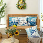 Ocean Beach Pillow Covers 4-Piece Set 18 Inch – Coastal Marine Life Shells Starfish Seahorse Turtle Decorative Pillowcases, Summer Beach Outdoor Cushion Covers for Home Decor