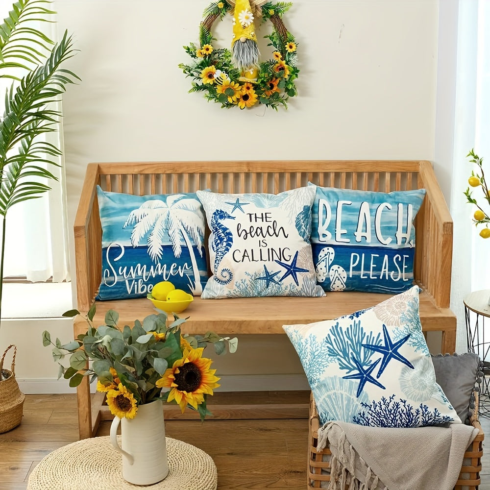 Ocean Beach Pillow Covers 4-Piece Set 18 Inch – Coastal Marine Life Shells Starfish Seahorse Turtle Decorative Pillowcases, Summer Beach Outdoor Cushion Covers for Home Decor