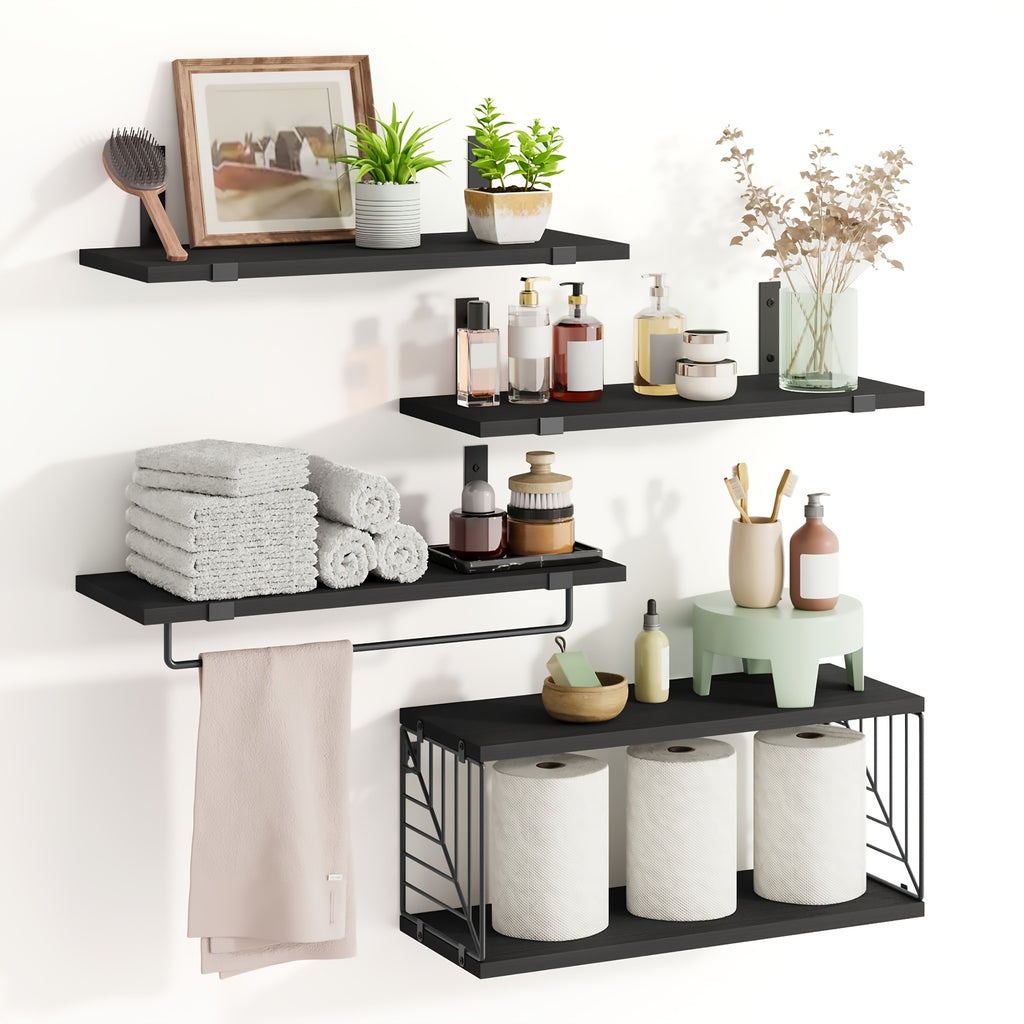 Vintage Wooden Floating Shelves Set of 3 with Guardrail – Wall Mounted Display & Storage Rack for Bedroom, Living Room, Bathroom & Kitchen – Rustic Wood Wall Shelf Multi-Functional Decor