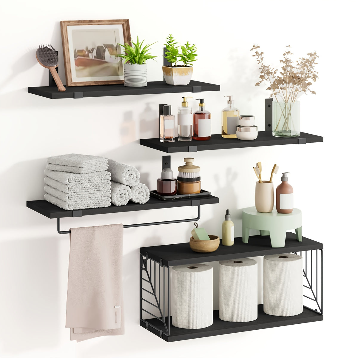 Vintage Wooden Floating Shelves Set of 3 with Guardrail – Wall Mounted Display & Storage Rack for Bedroom, Living Room, Bathroom & Kitchen – Rustic Wood Wall Shelf Multi-Functional Decor