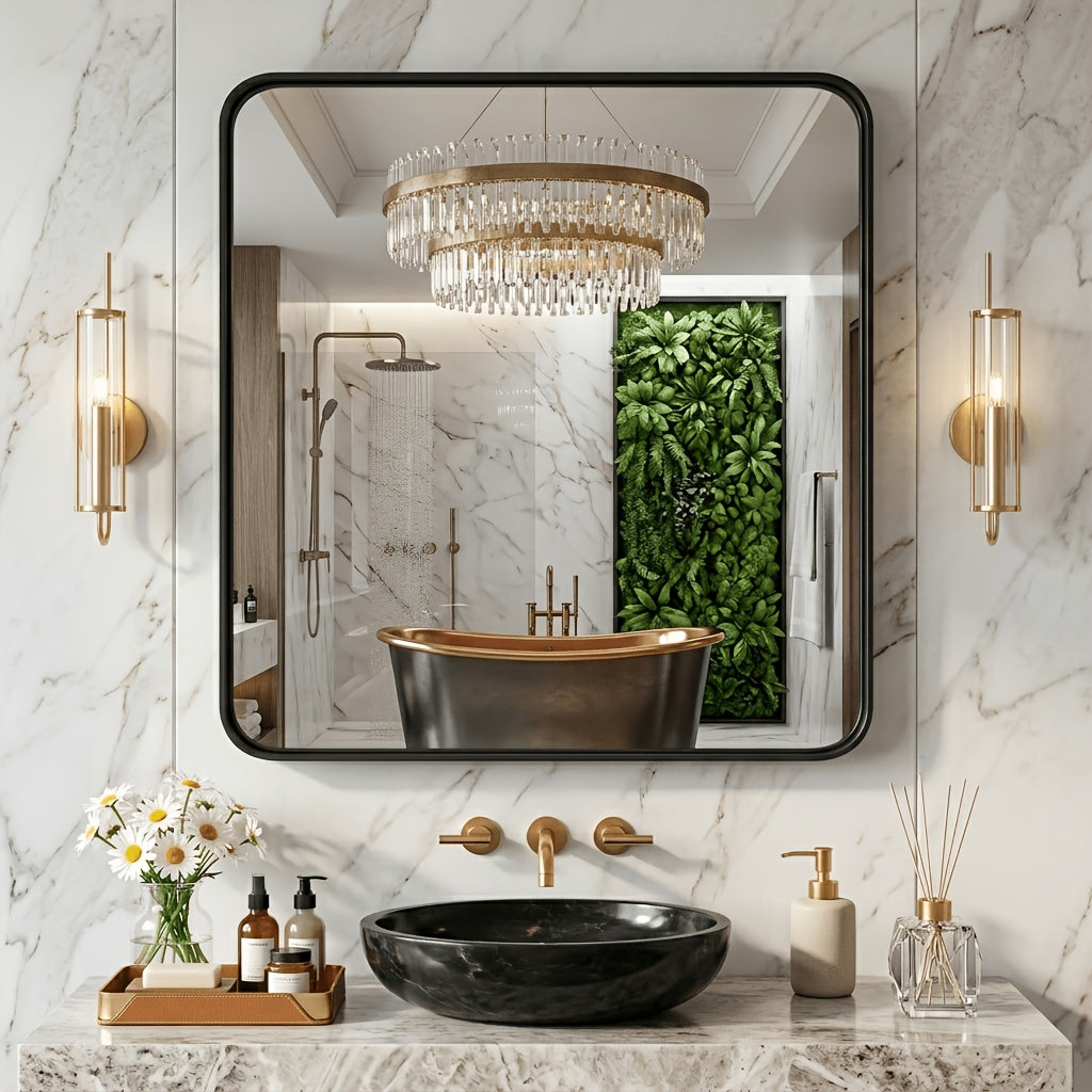 Metal Framed Rounded Rectangle Wall Mirror for Bathroom – Over Sink, Horizontal or Vertical Hanging, Modern Farmhouse Decor, Matte Black, Gold & Silver, Multiple Sizes 16x20 to 36x48 In