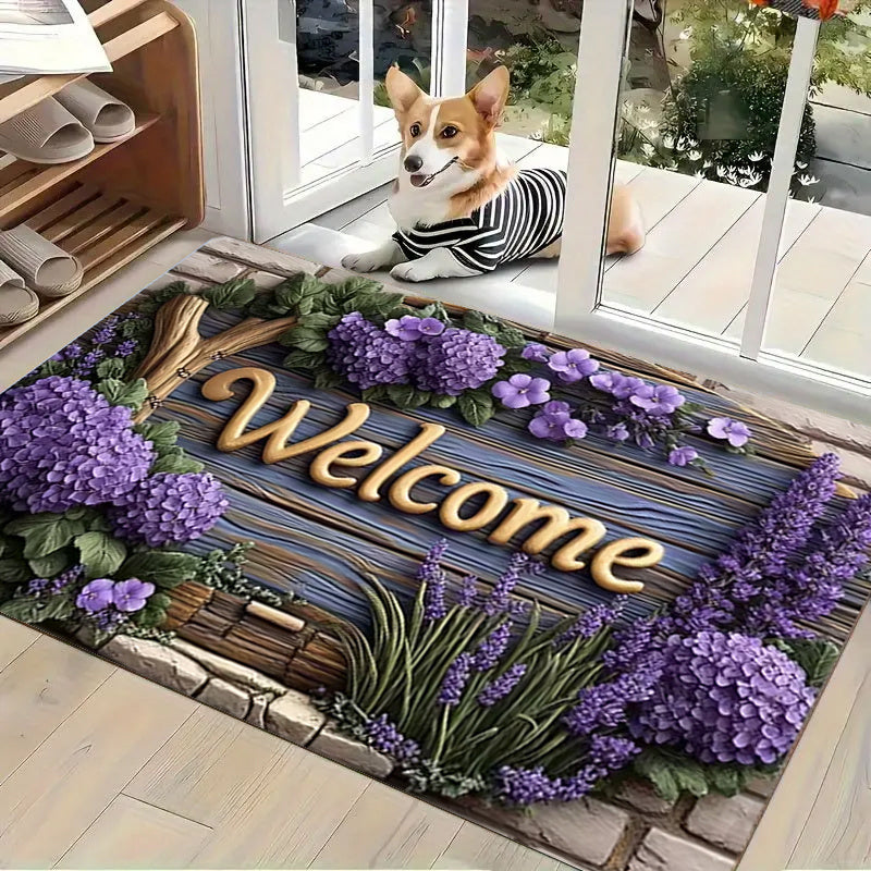 Floral Doormat Indoor Non-Slip Hydrangea Lavender Print Flannel Welcome Mat Easy Clean for Entrance Bedroom Living Room Holiday Decor 3 Sizes