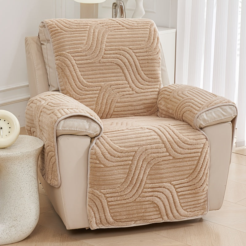 Bohemian Single Sofa Cover Non-Slip Short Plush Recliner Chair Protector Pet-Friendly Machine Washable Wavy Pattern Single-Seat Couch & Chair Slipcover