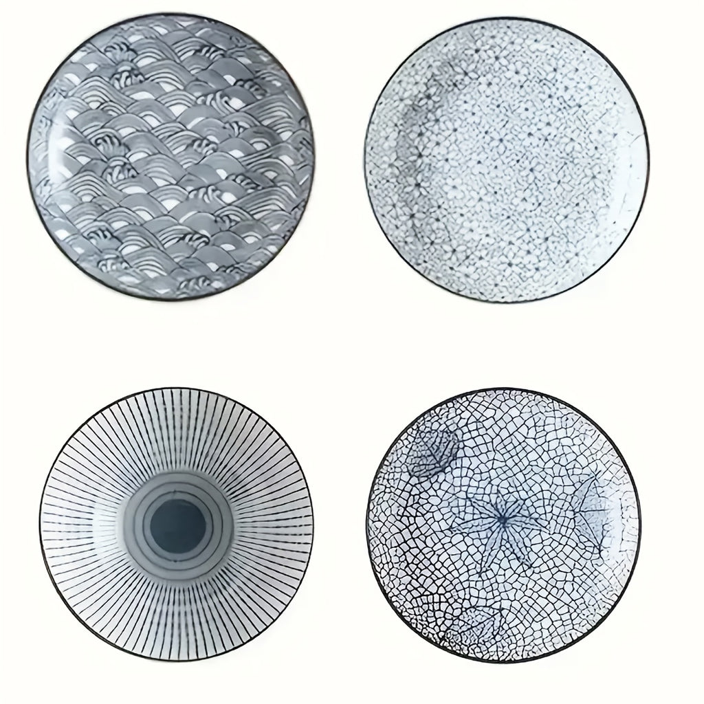 Nordic Ceramic Dinner Plates 8-Inch Set of 4 – Yamada Pattern & Springlight Stripe Serving Plates Underglaze Color Non-Slip Edge Round Steak Plate for Home Kitchen Dining