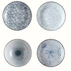 Nordic Ceramic Dinner Plates 8-Inch Set of 4 – Yamada Pattern & Springlight Stripe Serving Plates Underglaze Color Non-Slip Edge Round Steak Plate for Home Kitchen Dining