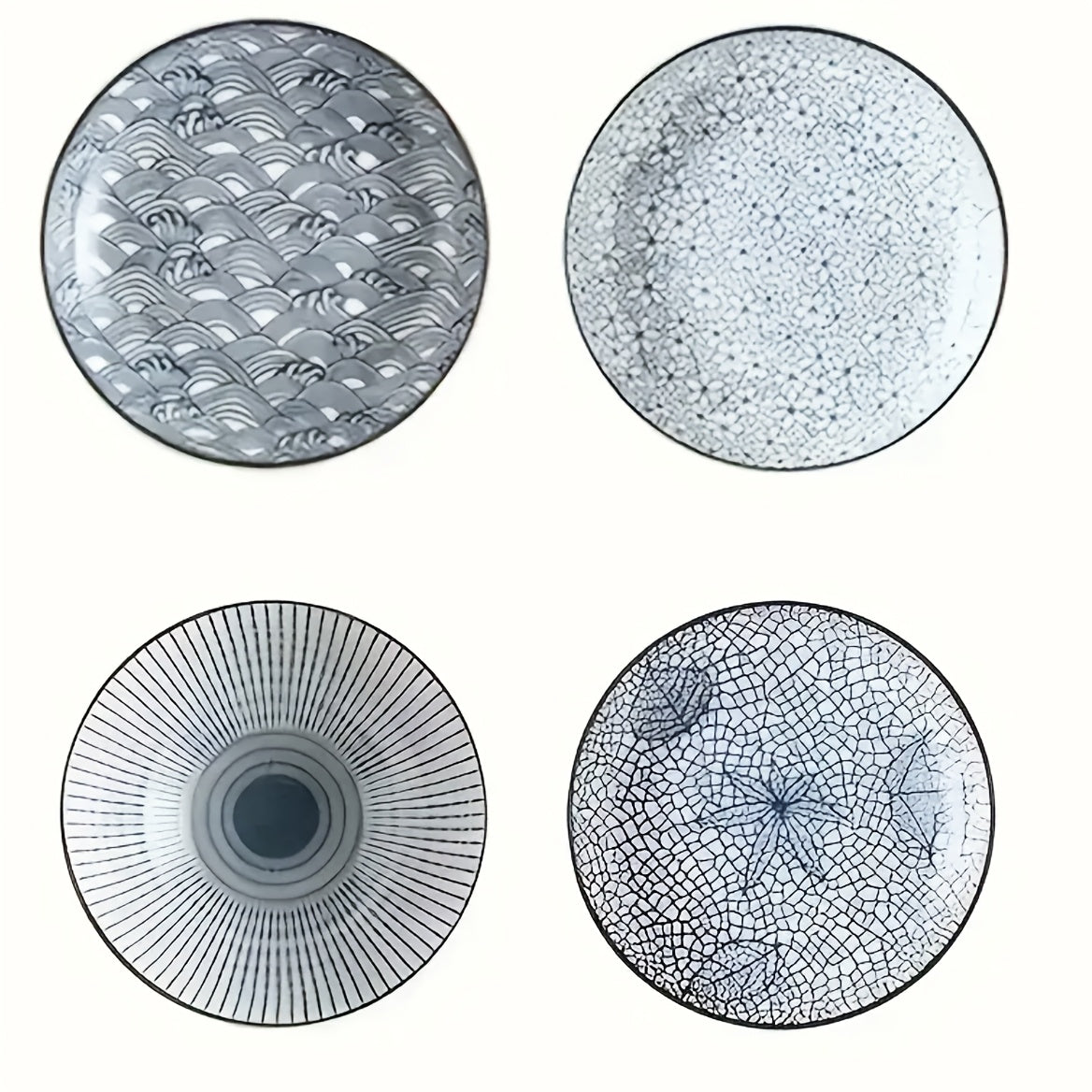 Nordic Ceramic Dinner Plates 8-Inch Set of 4 – Yamada Pattern & Springlight Stripe Serving Plates Underglaze Color Non-Slip Edge Round Steak Plate for Home Kitchen Dining