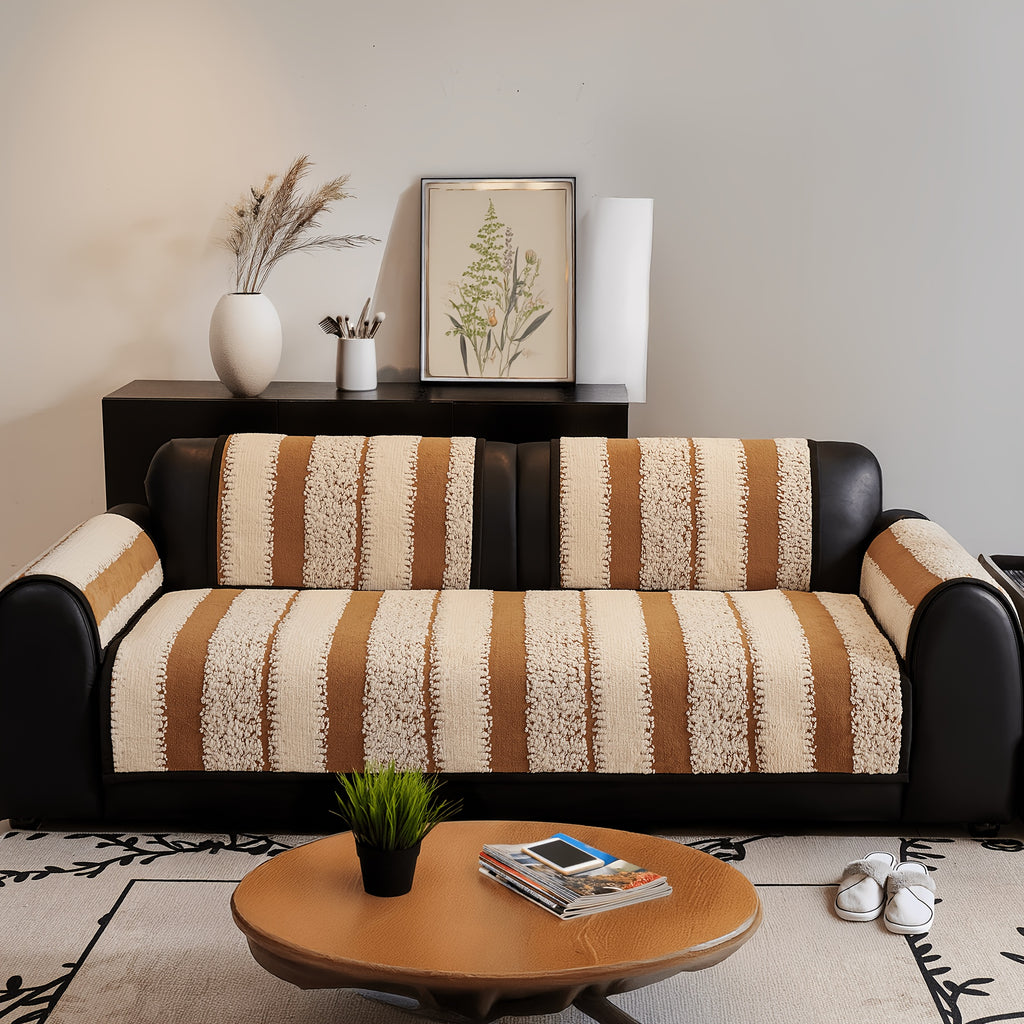 Non-Slip Sofa Slipcover, Striped Couch Cover for 2/3/4 Seater with Silicon Rubber Backing, Pet-Friendly Machine Washable Furniture Protector, All-Season Soft Sofa Cover, Sold by Piece