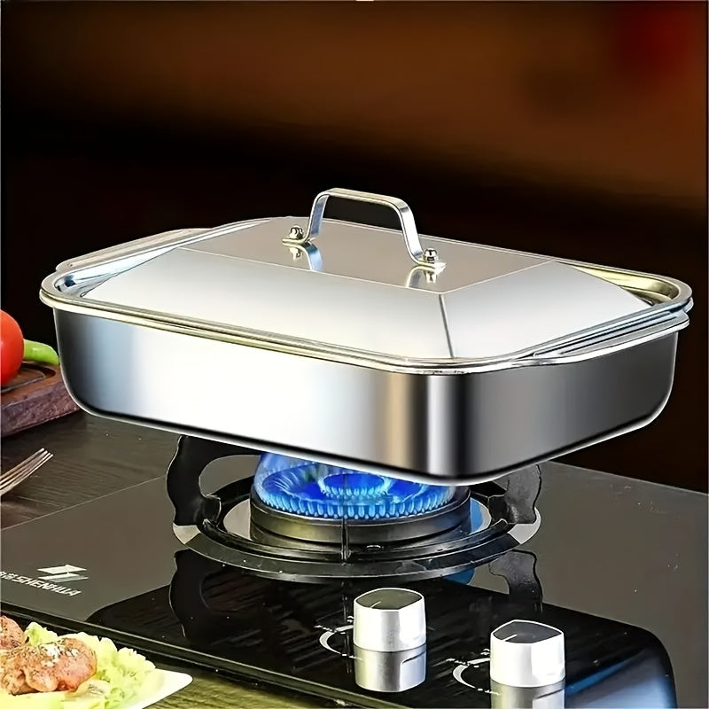 Nonstick Rectangular Baking Pans Set of 3 Stainless Steel with Lids – BBQ Roasting Pans for Outdoor Cooking, Holiday Entertaining & Self-Service Buffets