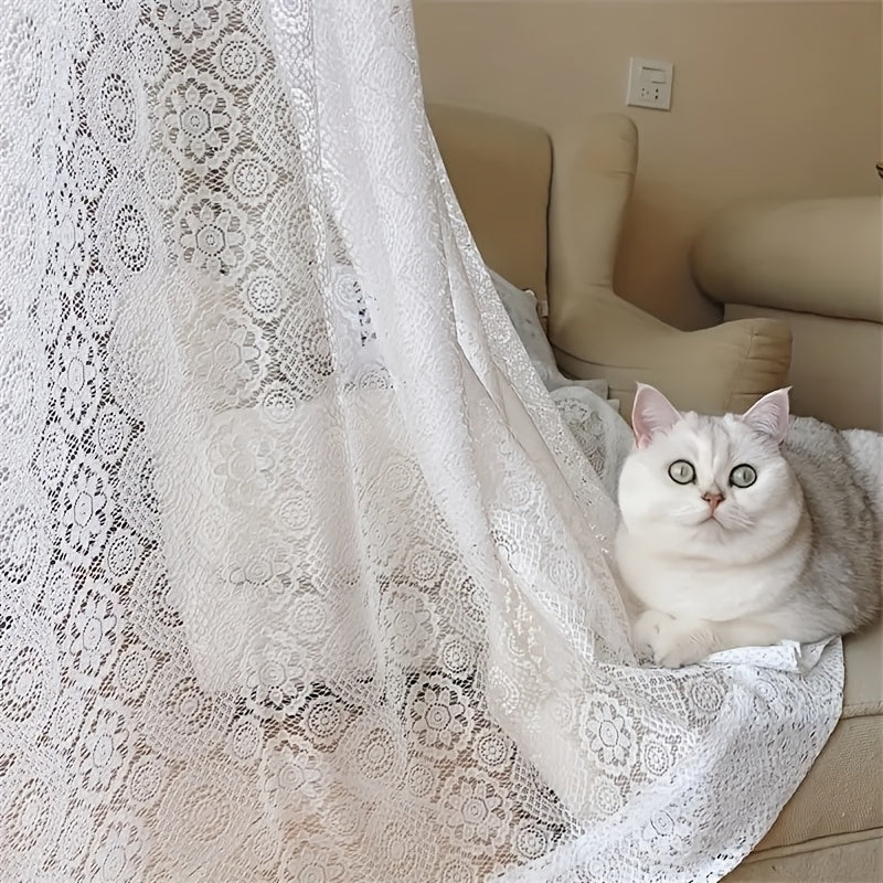 French Retro Lace Embroidered Chiffon Curtain – Romantic White Mesh Sheer Panel, Pole Pocket Top for Living Room Bedroom Partition, 4 Sizes