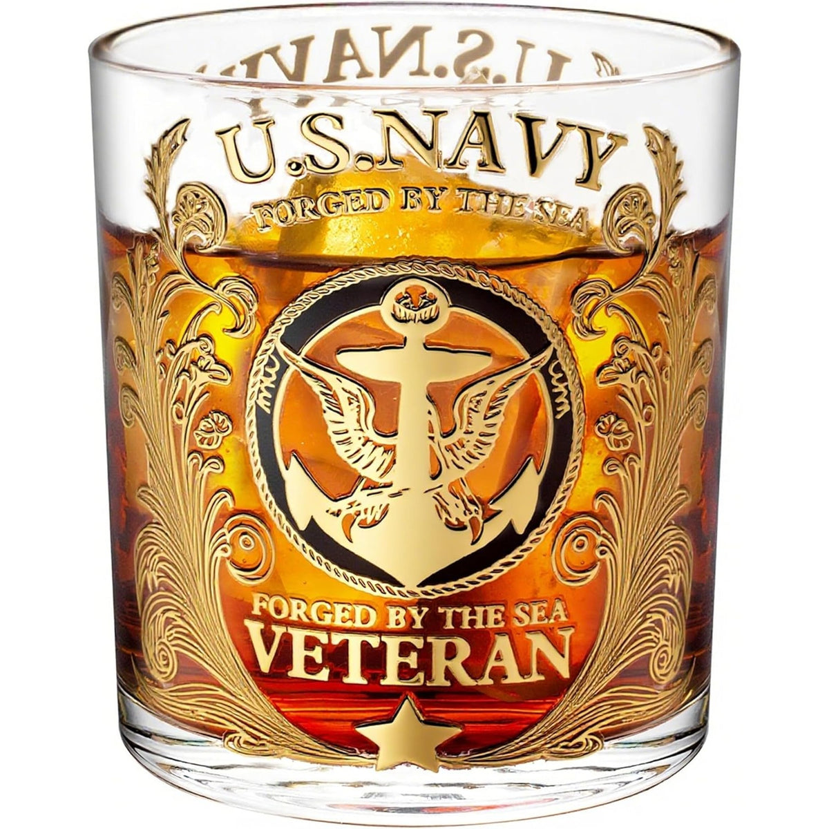 Veteran Tribute Whiskey Glass 10oz – Engraved US Navy Military Gift, Patriotic Personalized Whiskey Glass for Dad, Veteran & Anniversary