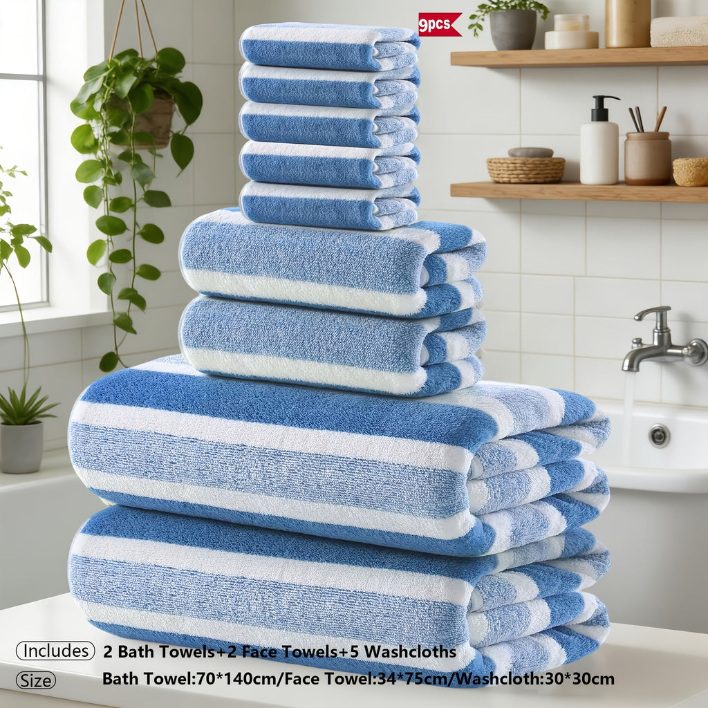 Classic Striped Bath Towel Set – 9 or 15 Piece No-Hair-Loss Super Absorbent Two-Color Towel Bundle | Large Bath Towels, Face Towels & Hand Towels for Bathroom & Beach