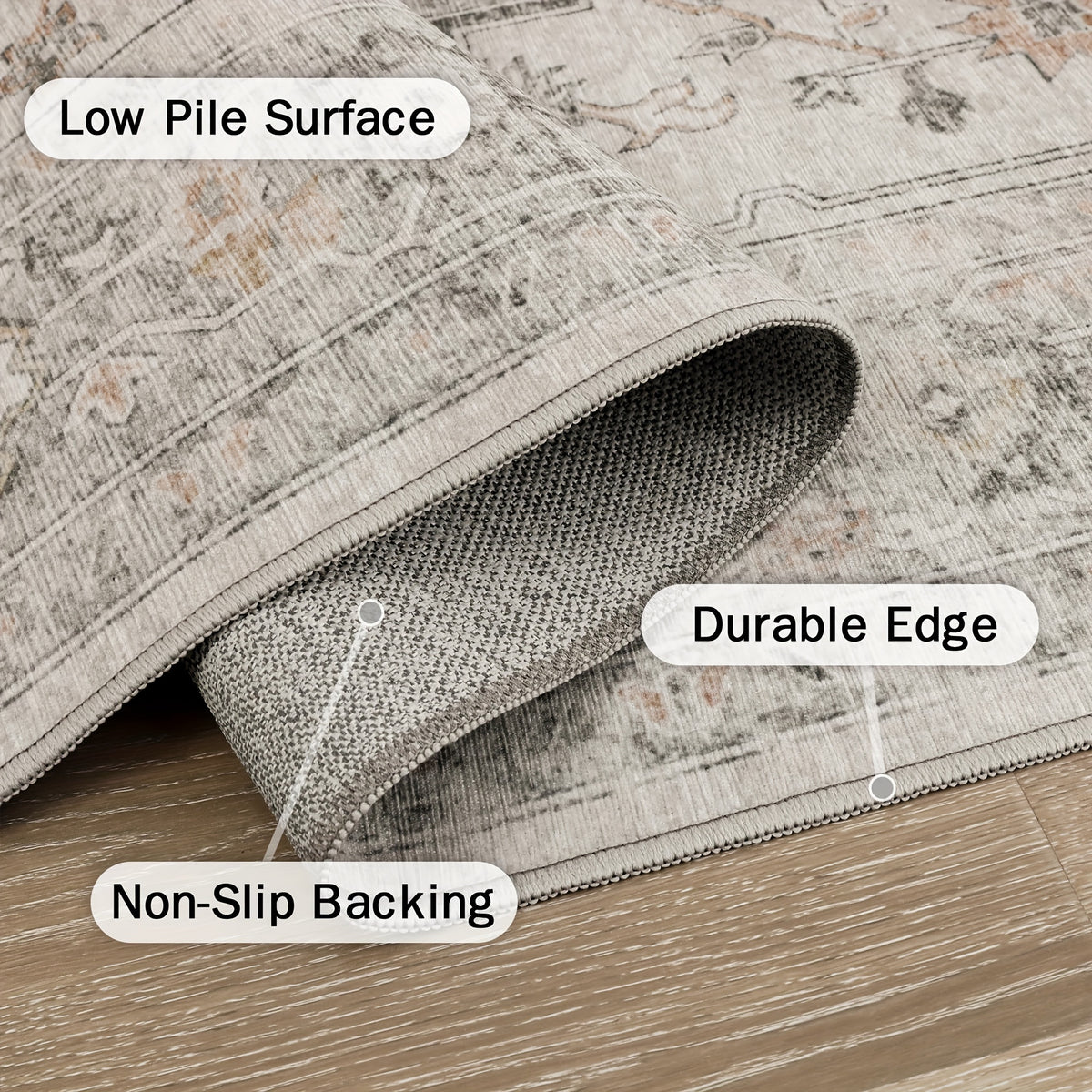 Vintage Floral Area Rug Machine Washable Non-Slip Runner Rug – Low Pile Soft Boho Hallway Carpet for Entryway, Kitchen, Corridor & Living Room – Light Taupe Brown, Multiple Sizes