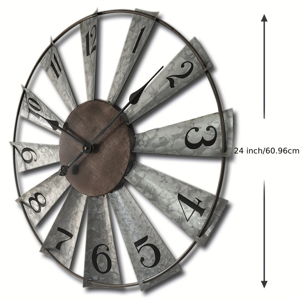 24 Inch Large Farmhouse Wall Clock with 3D Windmill Blades – Vintage Galvanized Metal Analog Clock, Battery Operated Quiet Movement, Home Decor for Living Room, Kitchen, Bedroom & Porch