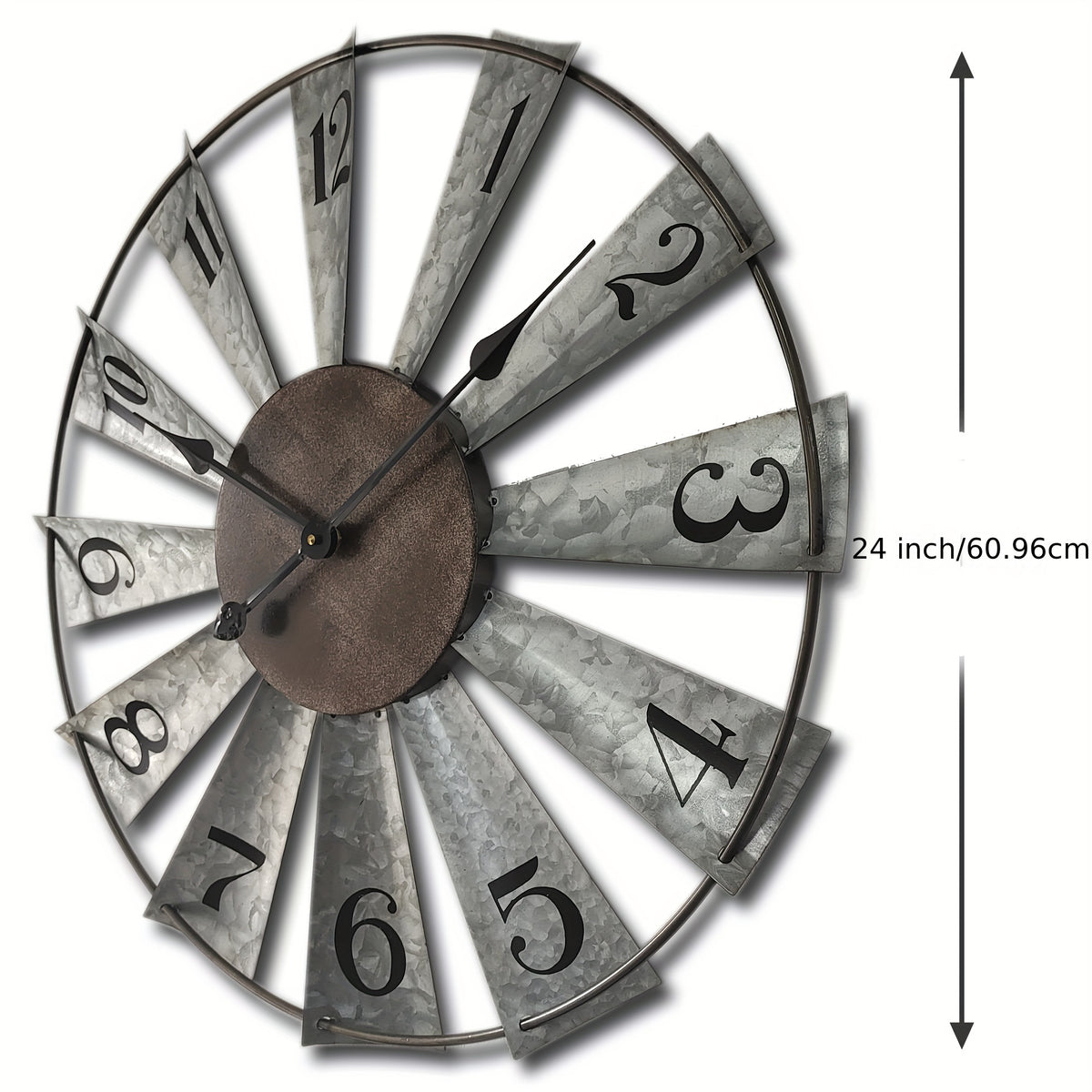 24 Inch Large Farmhouse Wall Clock with 3D Windmill Blades – Vintage Galvanized Metal Analog Clock, Battery Operated Quiet Movement, Home Decor for Living Room, Kitchen, Bedroom & Porch