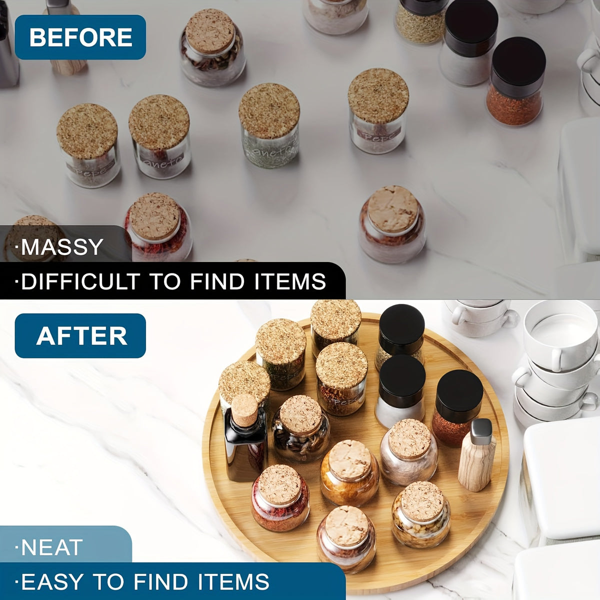 Lazy Susan Organizer Spinning Spice Rack Wooden Turntable Non-Slip for Kitchen Cabinet & Countertop - 9.84 & 11.81 Inch