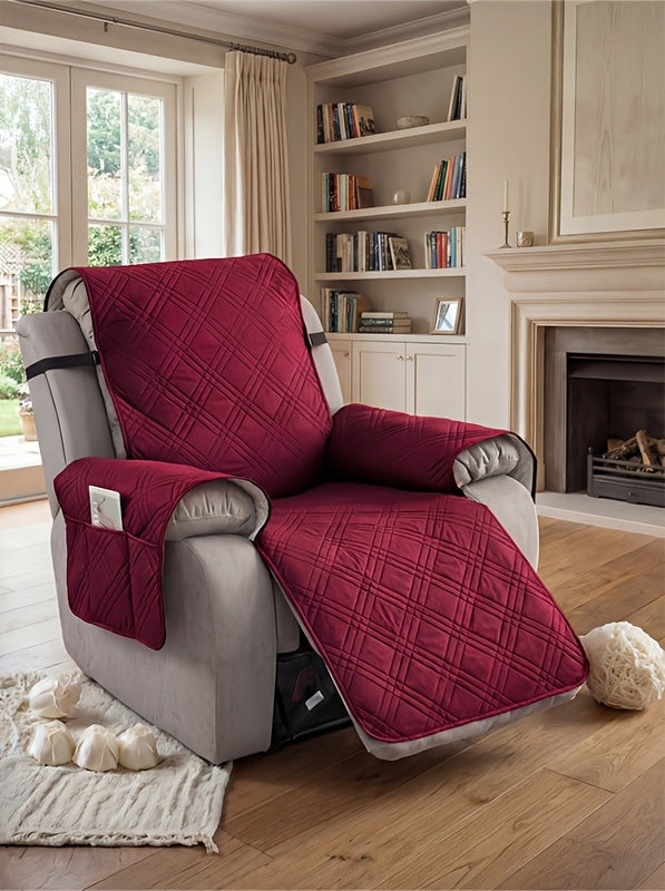 Quilted Recliner Cover with Side Pocket Anti-Slip Elastic Band Pet Furniture Protector – Easy to Install Sofa Recliner Slipcover for Living Room, All-Season Home Decor