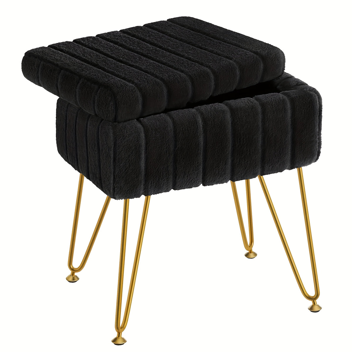 Vanity Chair with Storage PU Leather Makeup Stool Shoe Changing Ottoman Dual Purpose Seat 4 Gold Metal Legs Bedroom Living Room Study Cream White Black Pink Purple