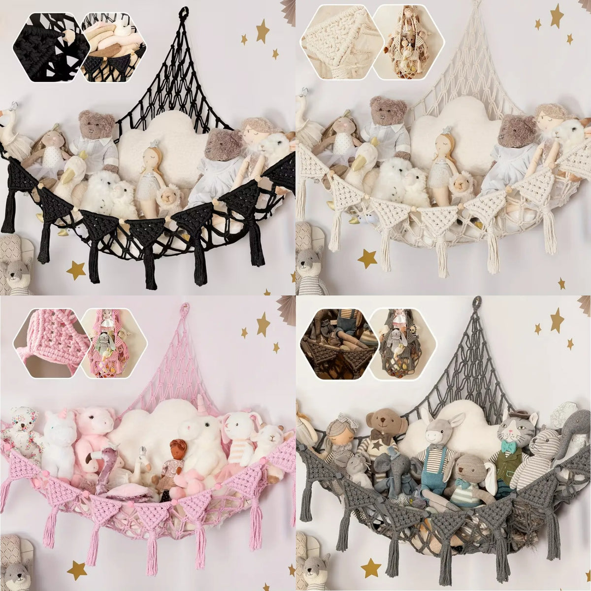 Toy Hammock Corner Net with Color Lights & Heart Tassels - Stuffed Animal Storage Net, 3 Hooks, 72x48x48in for Kids Room, Bedroom & Bathroom | Pink, Gray, White & Black