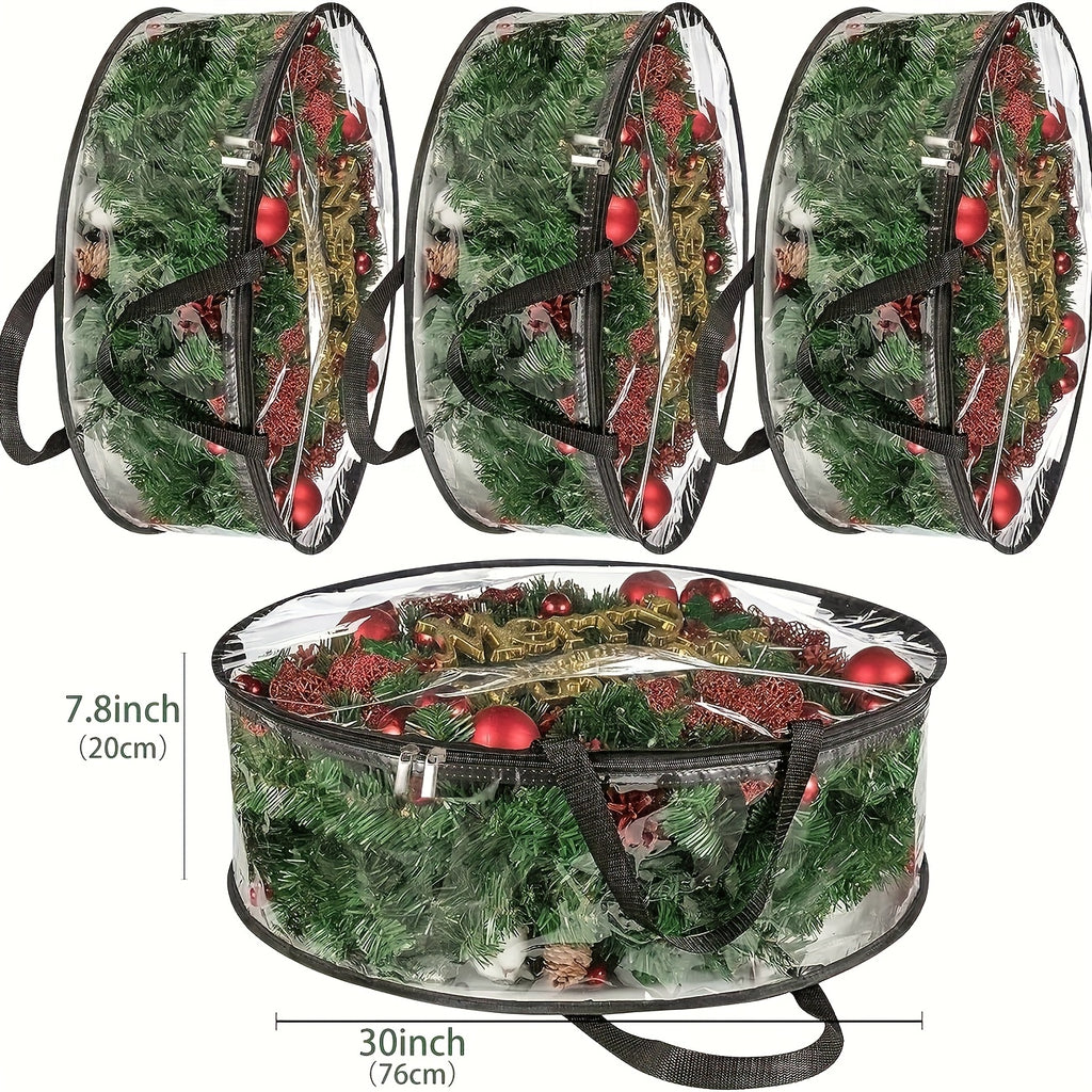 Transparent Wreath Storage Bags Heavy Duty PVC – 24 & 30 Inch Christmas Garland Protector Bags with Handles, 2 or 4 Pack, Seasonal Holiday Wreath Organizer