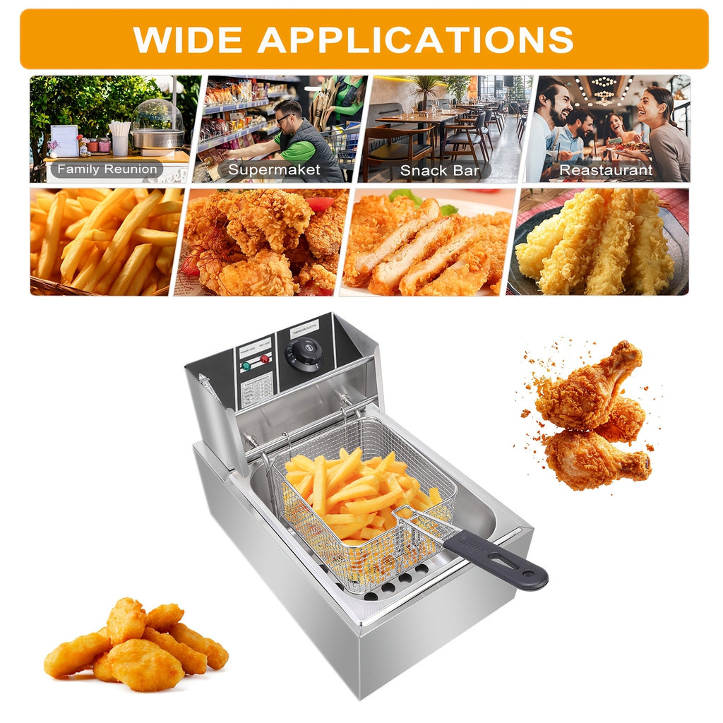Electric Deep Fryer 6L (1.59 Gal) with Basket, Lid & Temperature Control | Countertop Stainless Steel Deep Fryer for Home Kitchen, Restaurant & Café | 120V US Plug