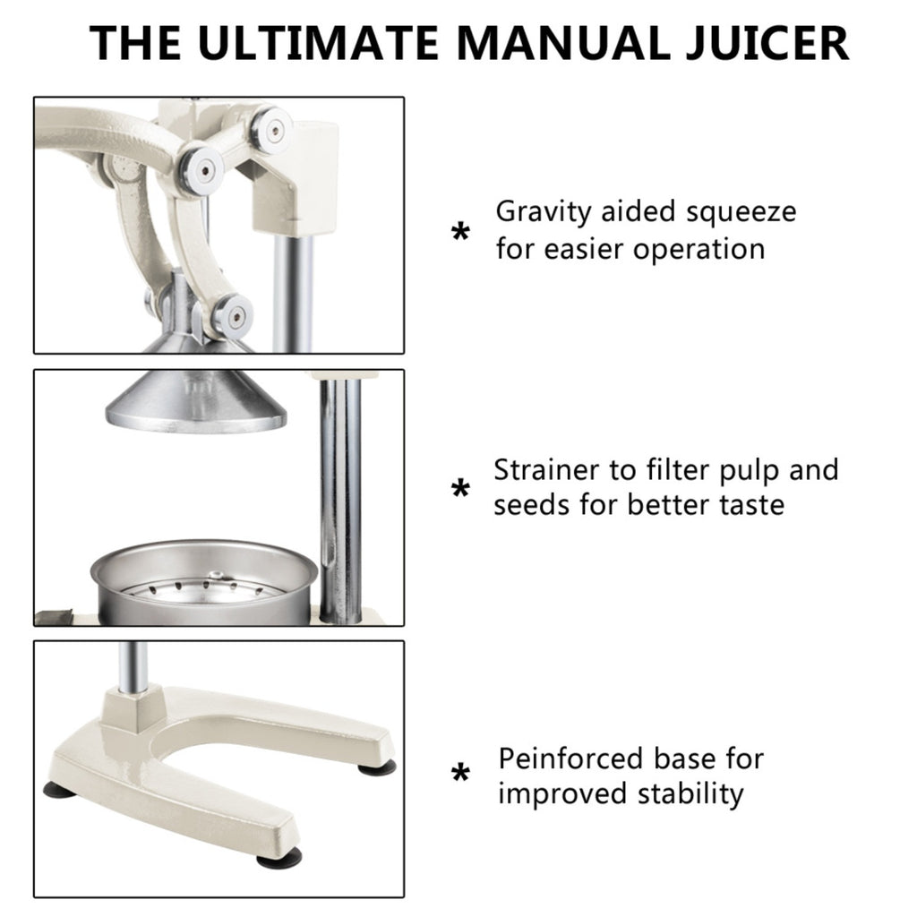 Manual Citrus Juicer Heavy Duty Cast Iron Hand Press Juice Squeezer for Orange Lemon Lime Pomegranate - Commercial Grade Fruit Juicer with Safety Lock & Stainless Steel Strainer