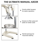 Manual Citrus Juicer Heavy Duty Cast Iron Hand Press Juice Squeezer for Orange Lemon Lime Pomegranate - Commercial Grade Fruit Juicer with Safety Lock & Stainless Steel Strainer