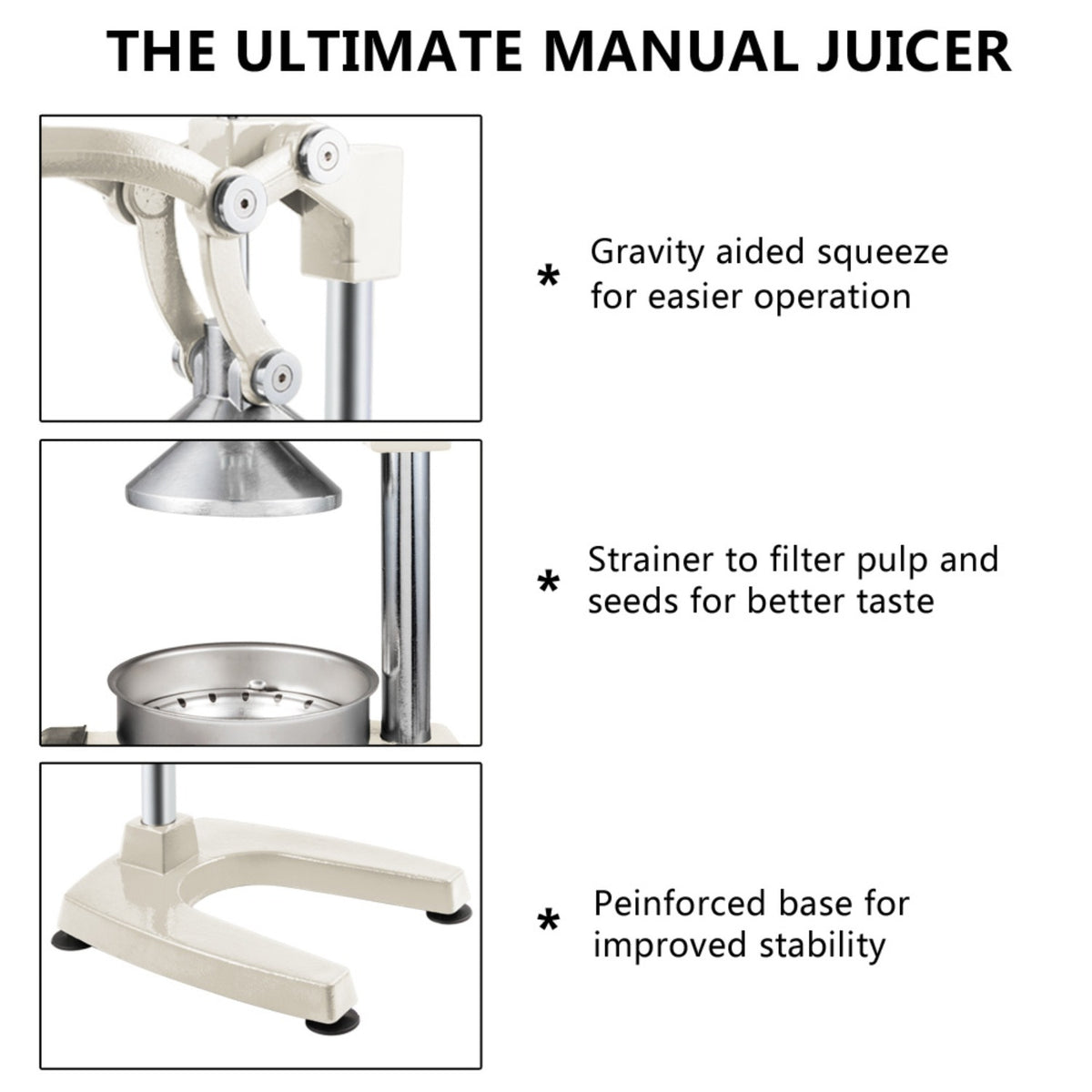 Manual Citrus Juicer Heavy Duty Cast Iron Hand Press Juice Squeezer for Orange Lemon Lime Pomegranate - Commercial Grade Fruit Juicer with Safety Lock & Stainless Steel Strainer