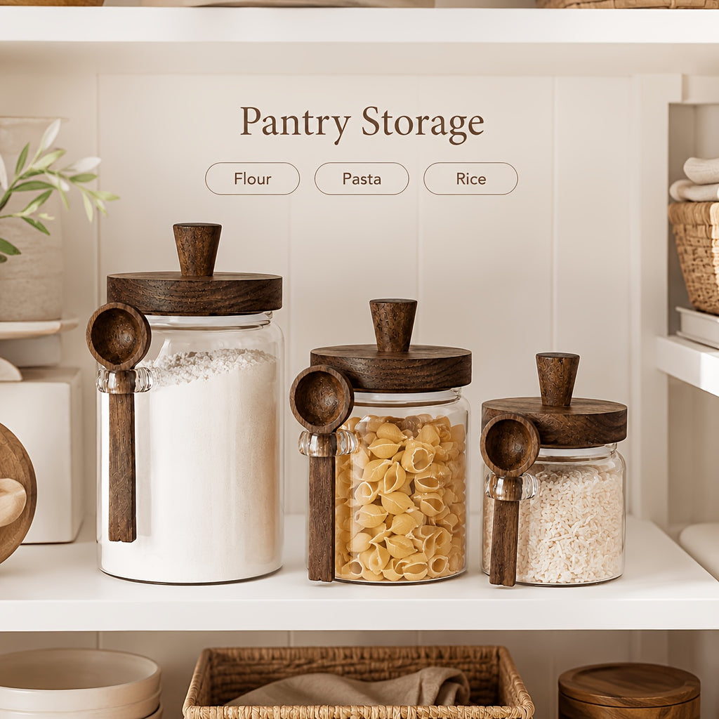 Airtight Glass Canisters Set of 3 with Spoon - Leak-Proof Kitchen Storage Jars for Coffee, Sugar, Flour & Tea, Round Glass Jars with Dark Brown Lids for Pantry & Countertop