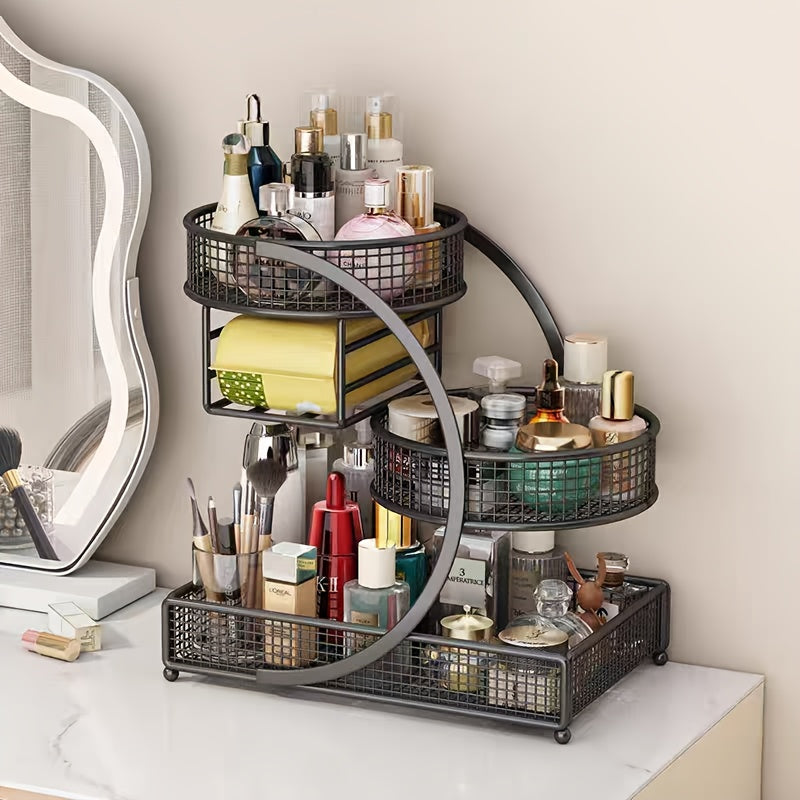 3-Tier Metal Cosmetic Organizer with Tissue Box Holder – No-Install Bathroom Countertop & Dressing Table Storage Rack, Lightweight
