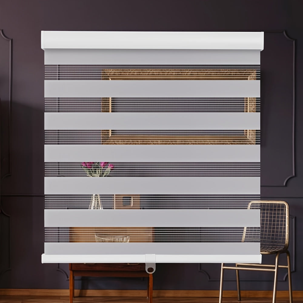Cordless Zebra Roller Shades with Metal Valance – Dual Layer Day Night Privacy Light Filtering Auto-Stop Window Blinds 18–72” Wide White & Light Grey